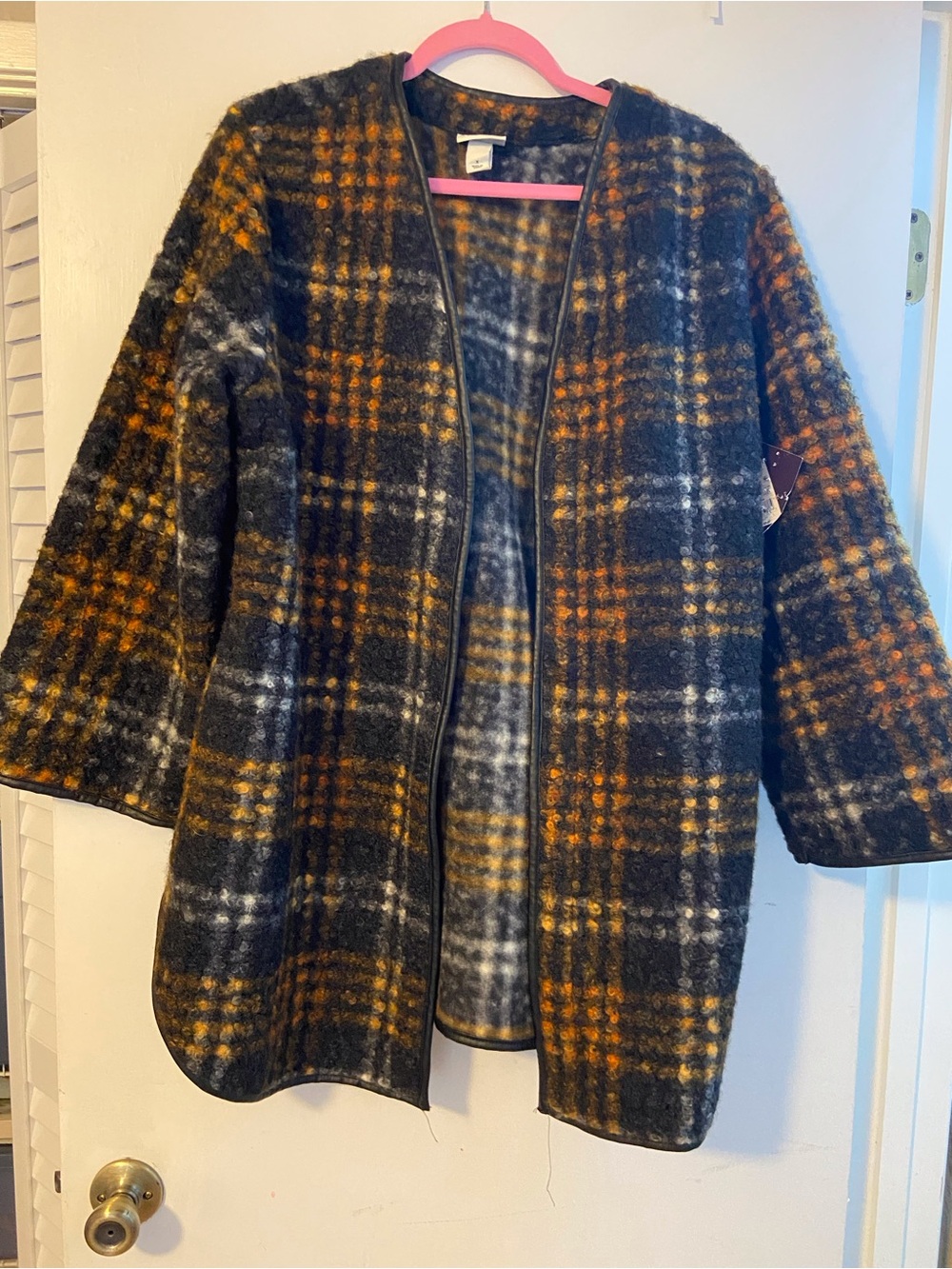 Ava & Viv Black and Orange Plaid Open-Front Sweater Coat